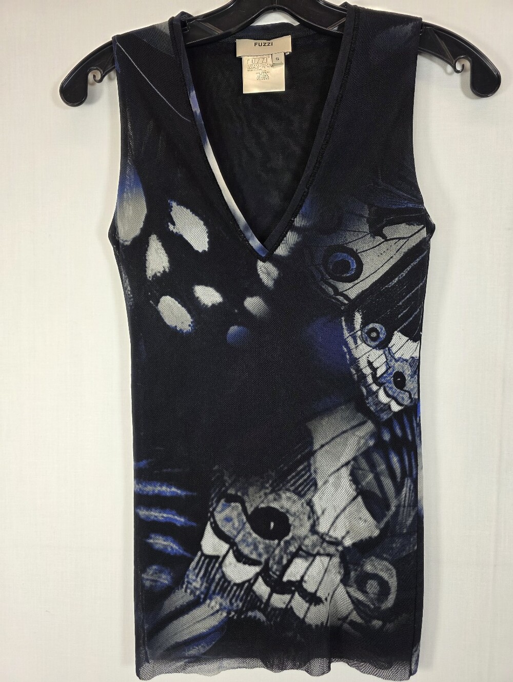 FUZZI Italy Mesh Butterfly Print V-Neck Tank Top Sheer Stretch Blue Black S